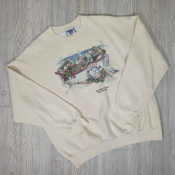Vintage 90s Lee Men’s XL Scallop Cove Cream Pullover Crewneck Sweater - Picture 1 of 9